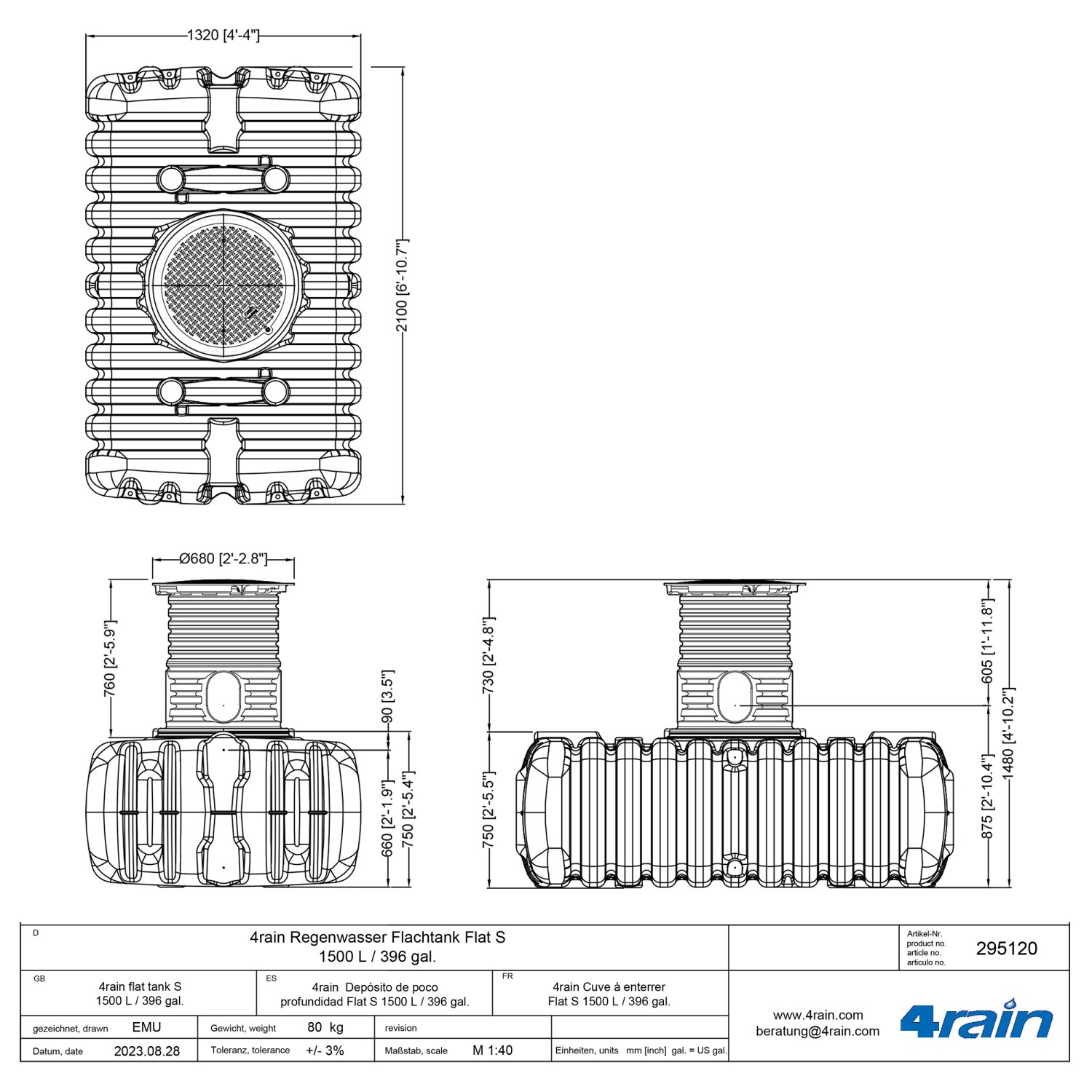 Technische Zeichnung: 4rain Flachtank Flat S 1500 l mit Maßen.
