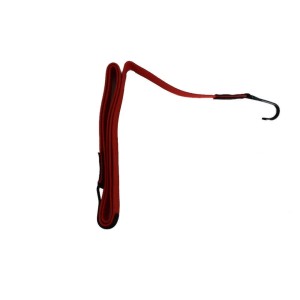 Roter, extra starker Spanngummi mit flachem Band und schwarzem Haken, 150 cm, zur Ladungssicherung.
