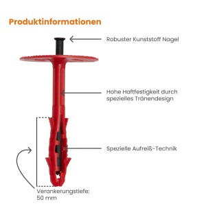Protektor Dämmstoffdübel, rot, mit Kunststoffnagel für WDVS-Systeme, Detailansicht.