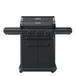 Campingaz Gasgrill 3 Series Onyx S mit Seitenkocher und geschlossenem Wagen.