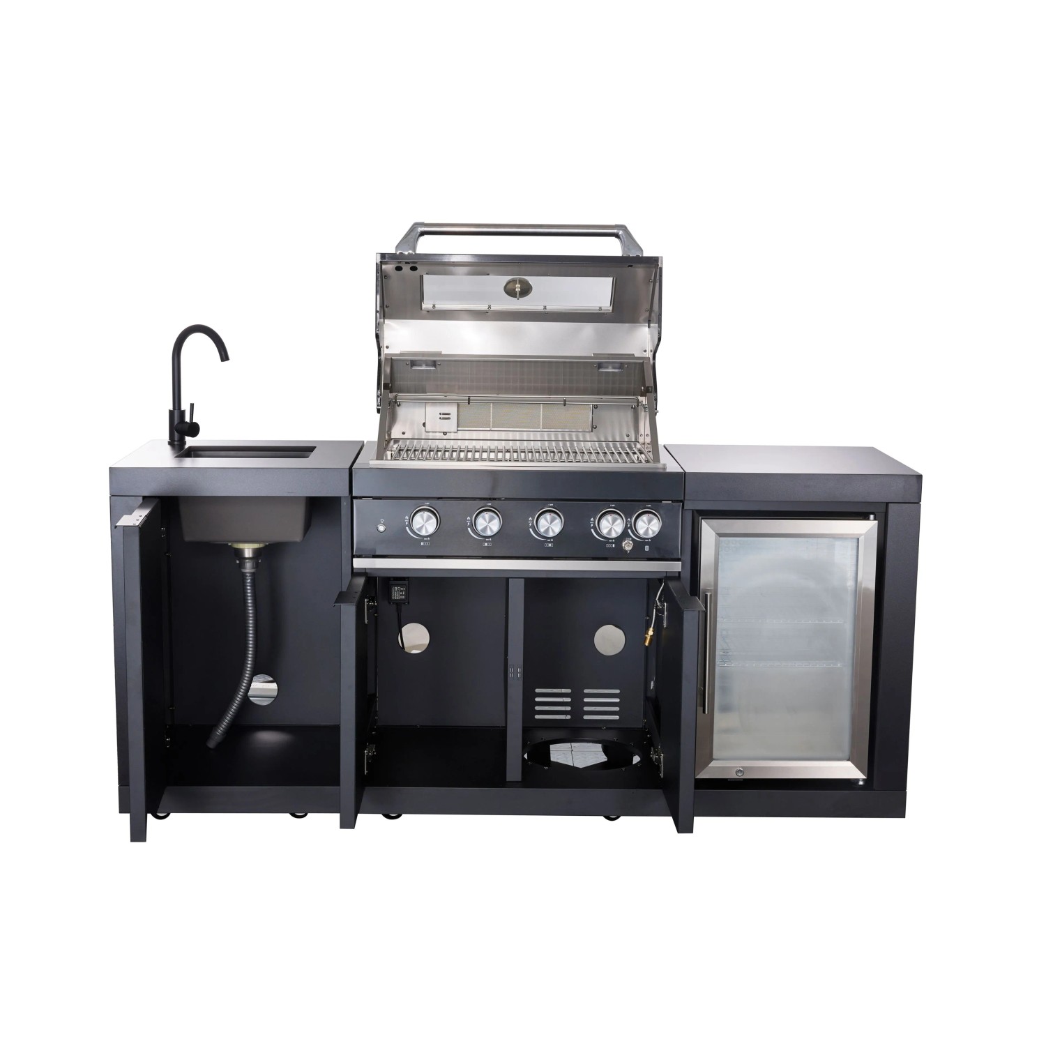Buschbeck Outdoorküche Liverpool Schwarz mit Gasgrill, Spüle und Kühlschrank.