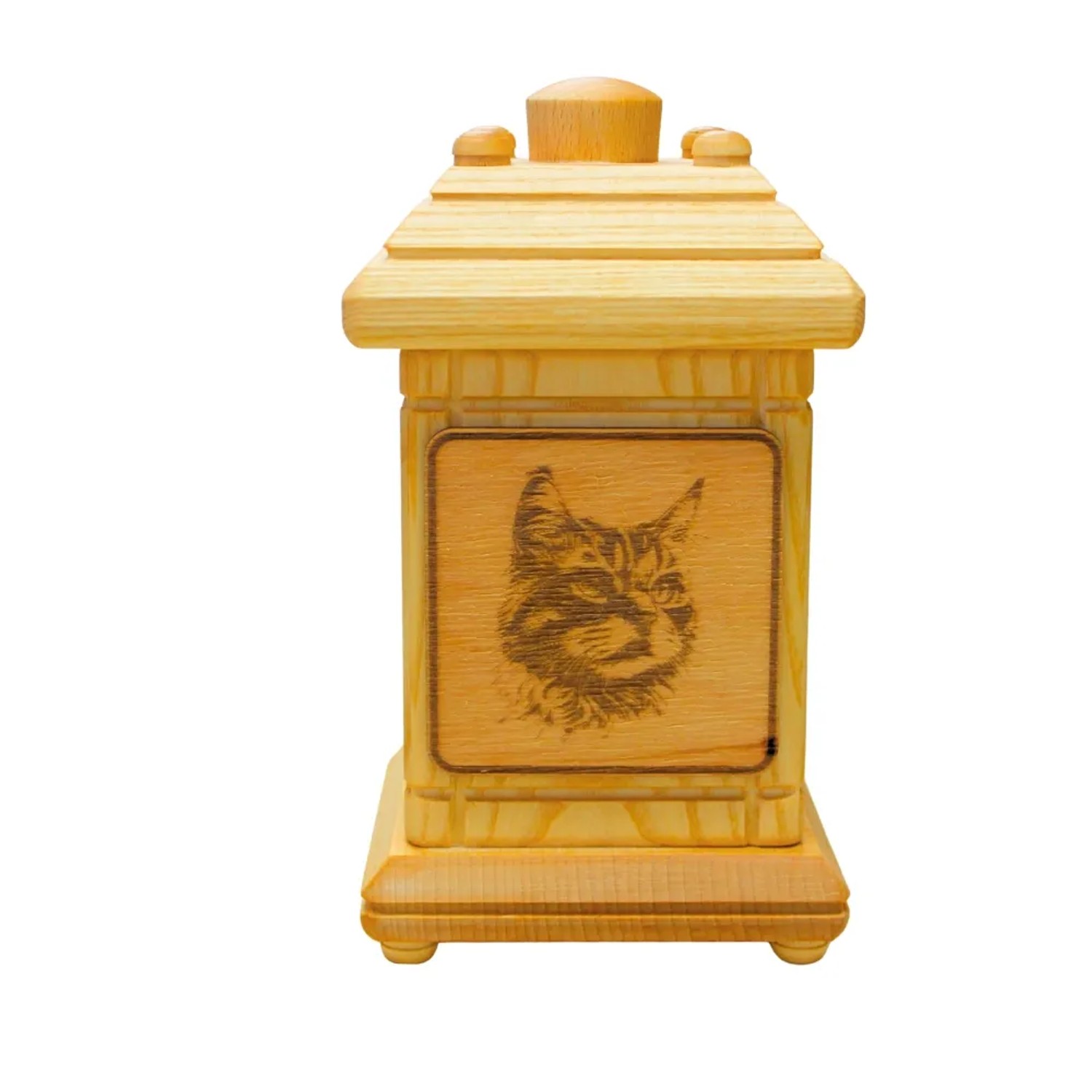 Dekohelden24 Tierurne Urne für Katzen Andenkurne Haustier Aschebox Tierurne groß Urne mit Katzenmotiv aus Buchenholz L/B/H 12 x 12 x 20 cm