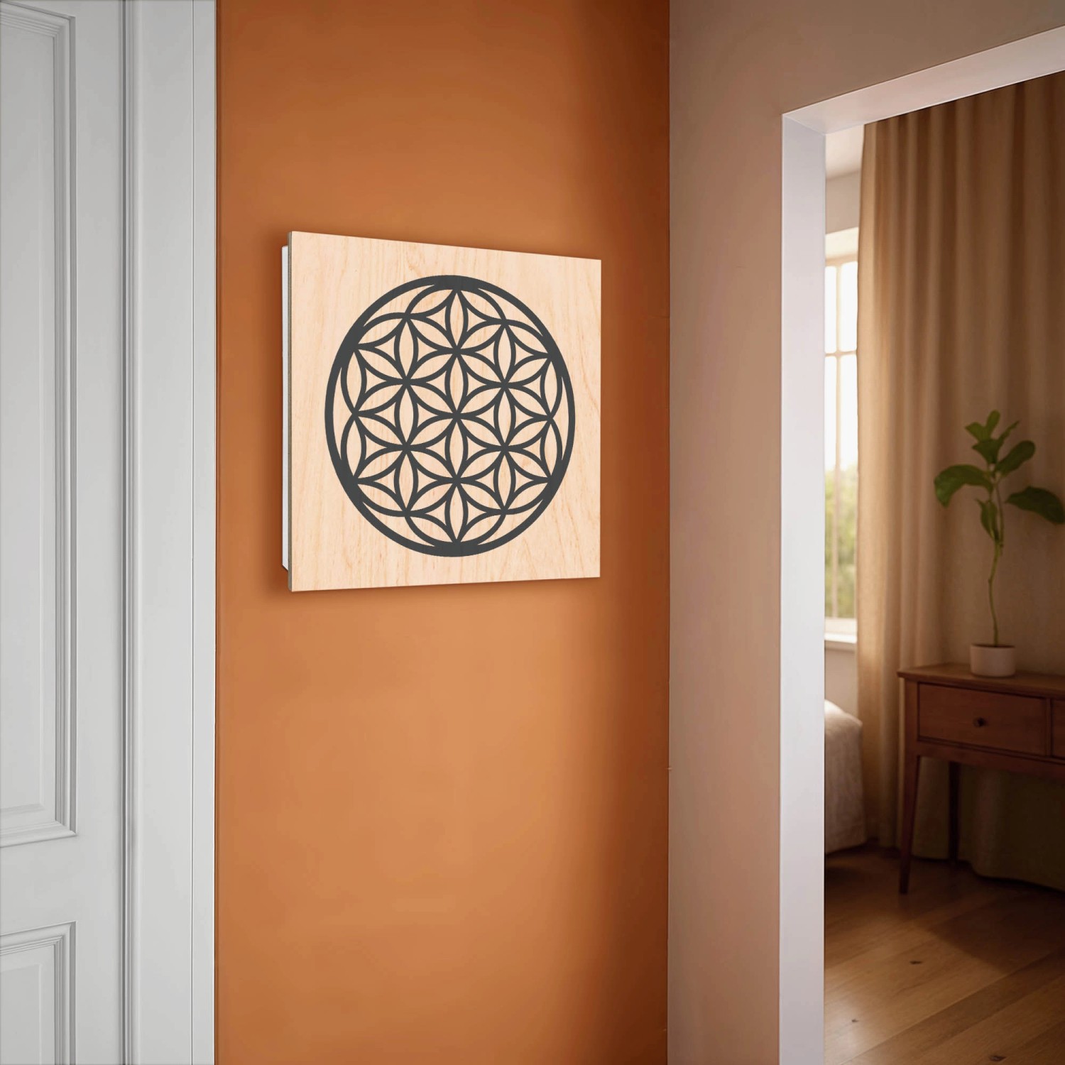 Weißer Banjado Schlüsselkasten mit Blume des Lebens Motiv, 50 Haken, Holzfront.