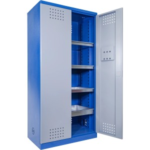 Blau-grauer Güde Umweltschrank Typ II aus Stahl mit geöffneter Tür und Zinkwannen.
