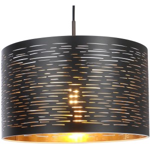 Schwarze Globo Pendelleuchte Tunno aus Metall mit goldenem Innenleben und Dekorstanzungen.