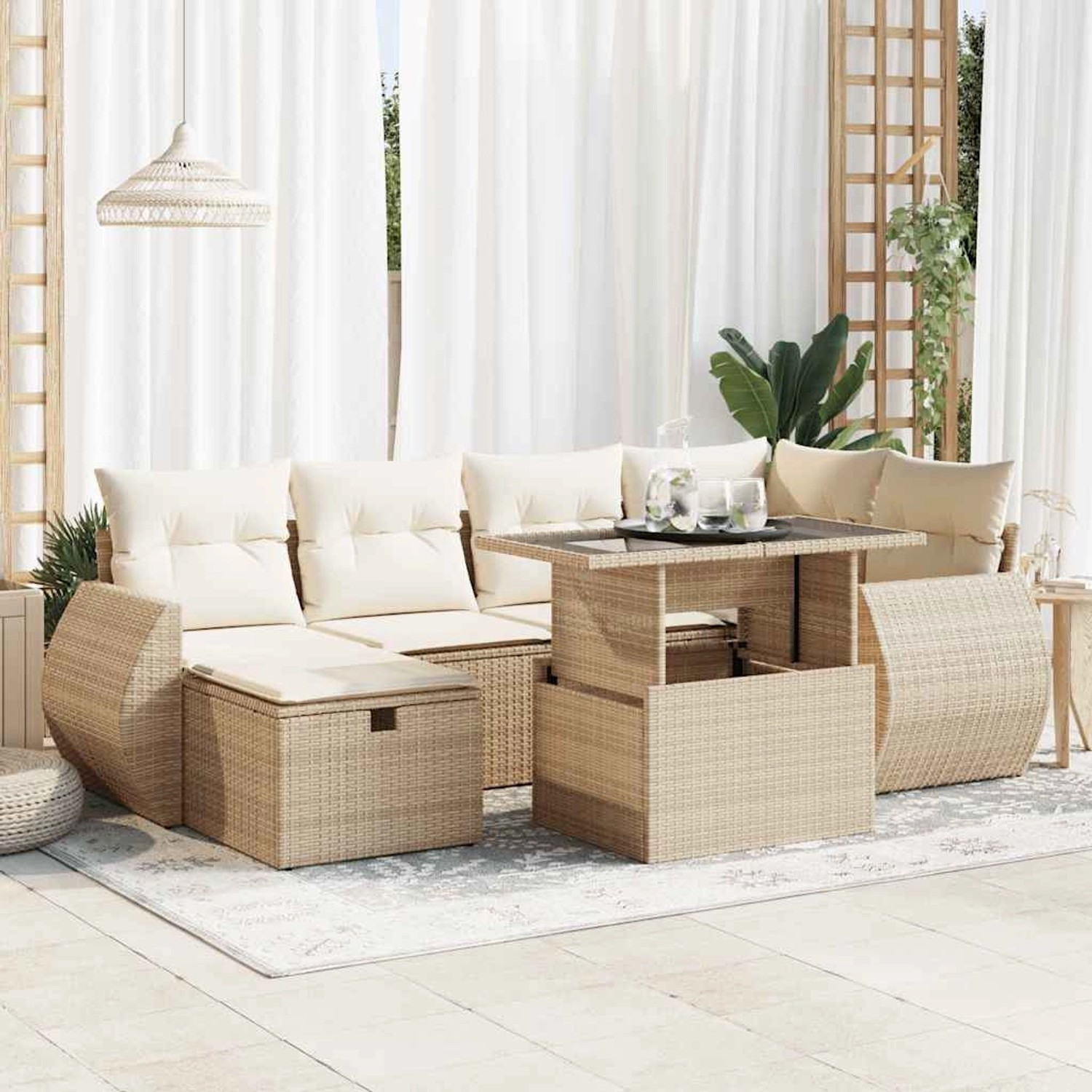 Beige 7-tlg. vidaXL Garten-Sofagarnitur aus Rattan mit Kissen und Tisch, ideal für Terrasse und Garten.