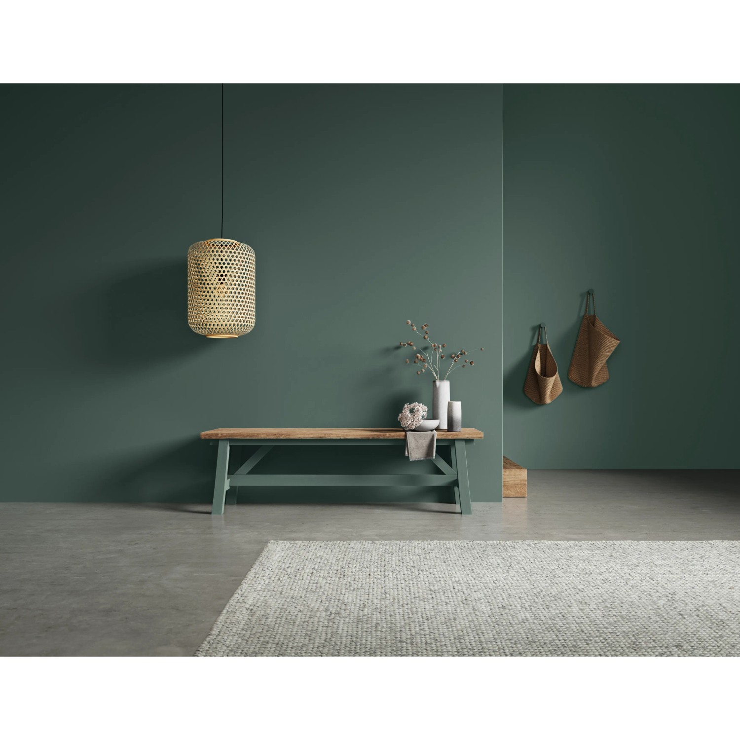 Schöner Wohnen Kreidefarbe Waldgeflüster: Wandgestaltung mit pudrig-matter, grüner Wandfarbe im Wohnraum.
