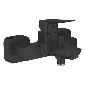 Grohe Dice Einhand-Wannenarmatur mattschwarz, wandmontiert. Kubisches Design mit Metallhebel für Badewanne.