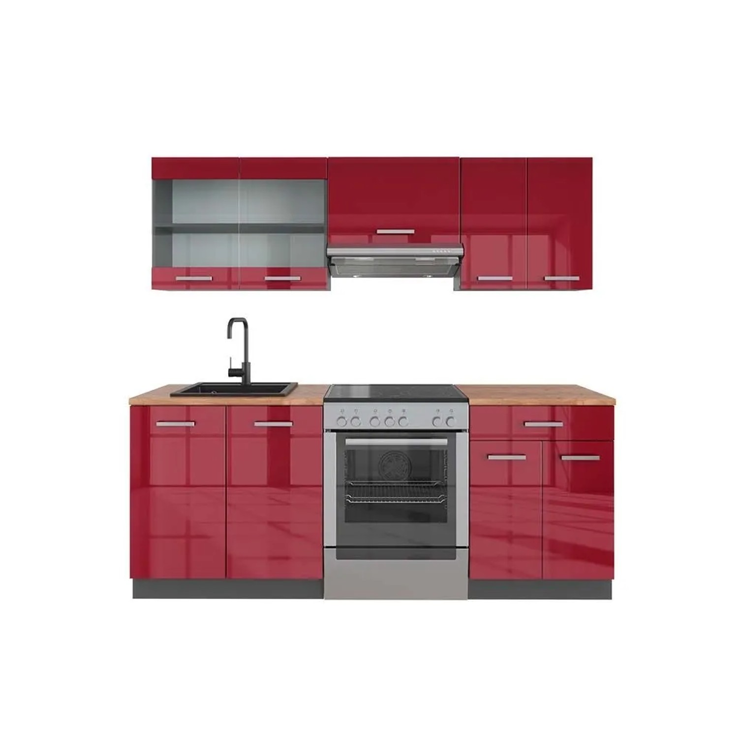 Vicco R-Line Küchenzeile Bordeaux Hochglanz Anthrazit 200 cm AP Eiche ohne E-Geräte