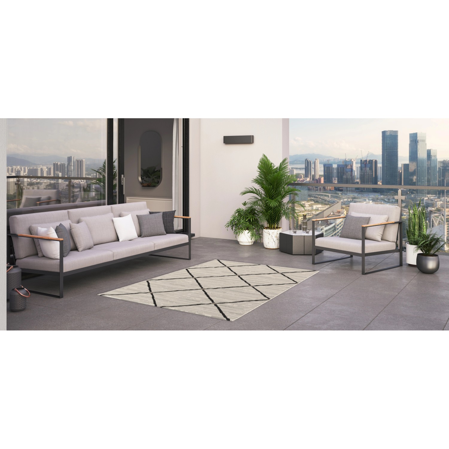 Primaflor In- & Outdoorteppich Paradise Rhombus 120x170cm auf Balkon mit Möbeln.