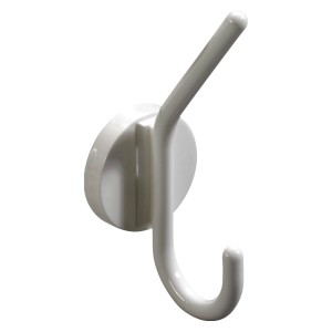Weisse Hettich Garderobenleiste mit einem Haken aus Kunststoff zum Anschrauben.