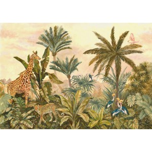 Fototapete Tropical Vintage Garden: Dschungel-Szene mit Giraffe, Leopard, Palmen und tropischen Pflanzen.