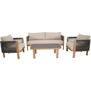 Lesli Lounge-Set Sora 4-teilig: Sofa, 2 Sessel, Tisch. Holzoptik, dunkles Rope-Geflecht, beige Polster, Steinoptik-Tischplatte.