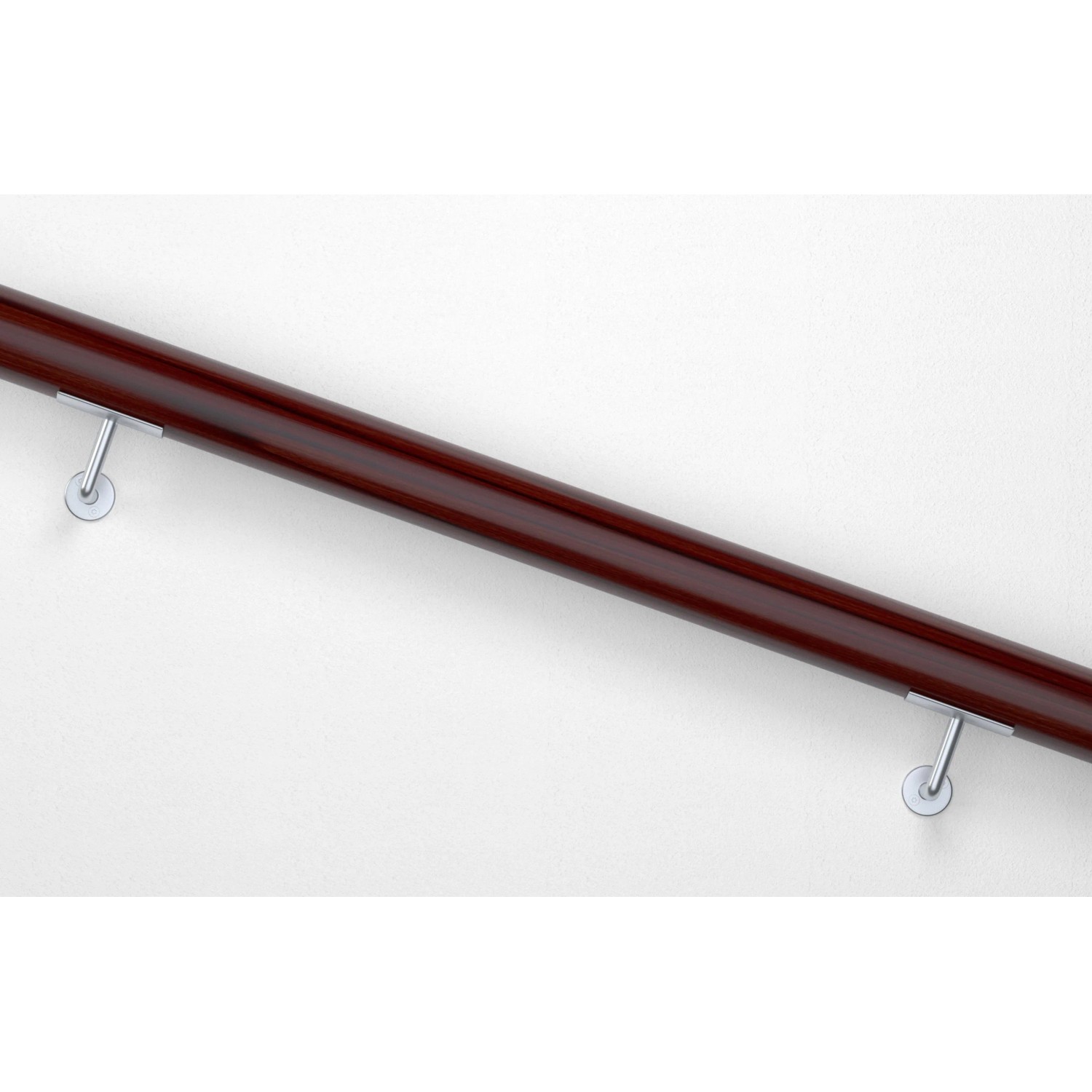 Dunkelbrauner Handlauf mit silbernen Halterungen an weißer Wand, sicher montiert. Ideal für Schwerlast-Dübel.