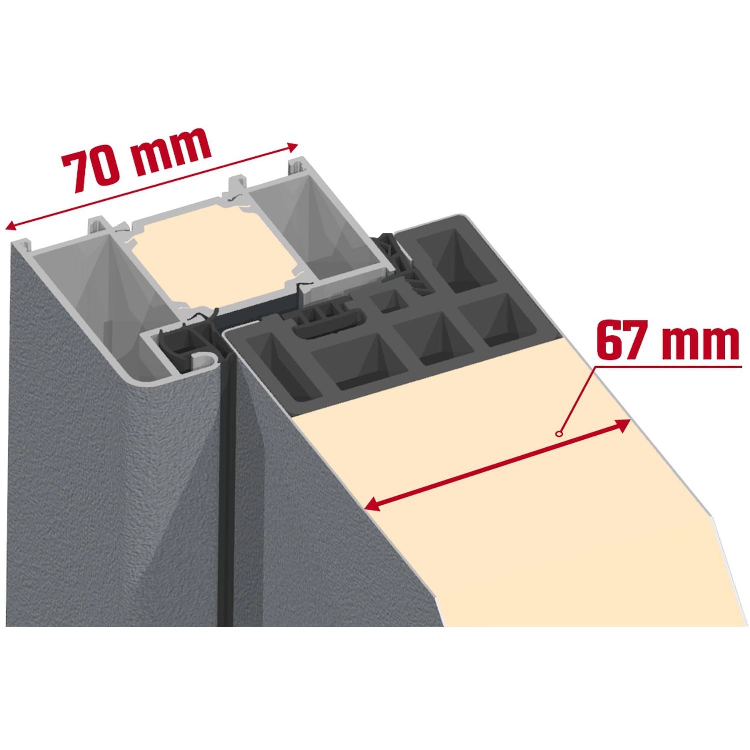 Detailansicht Splendoor Thermospace Haustür Berlin Prime: Bautiefe Türzarge 70 mm, Türflügel 67 mm.