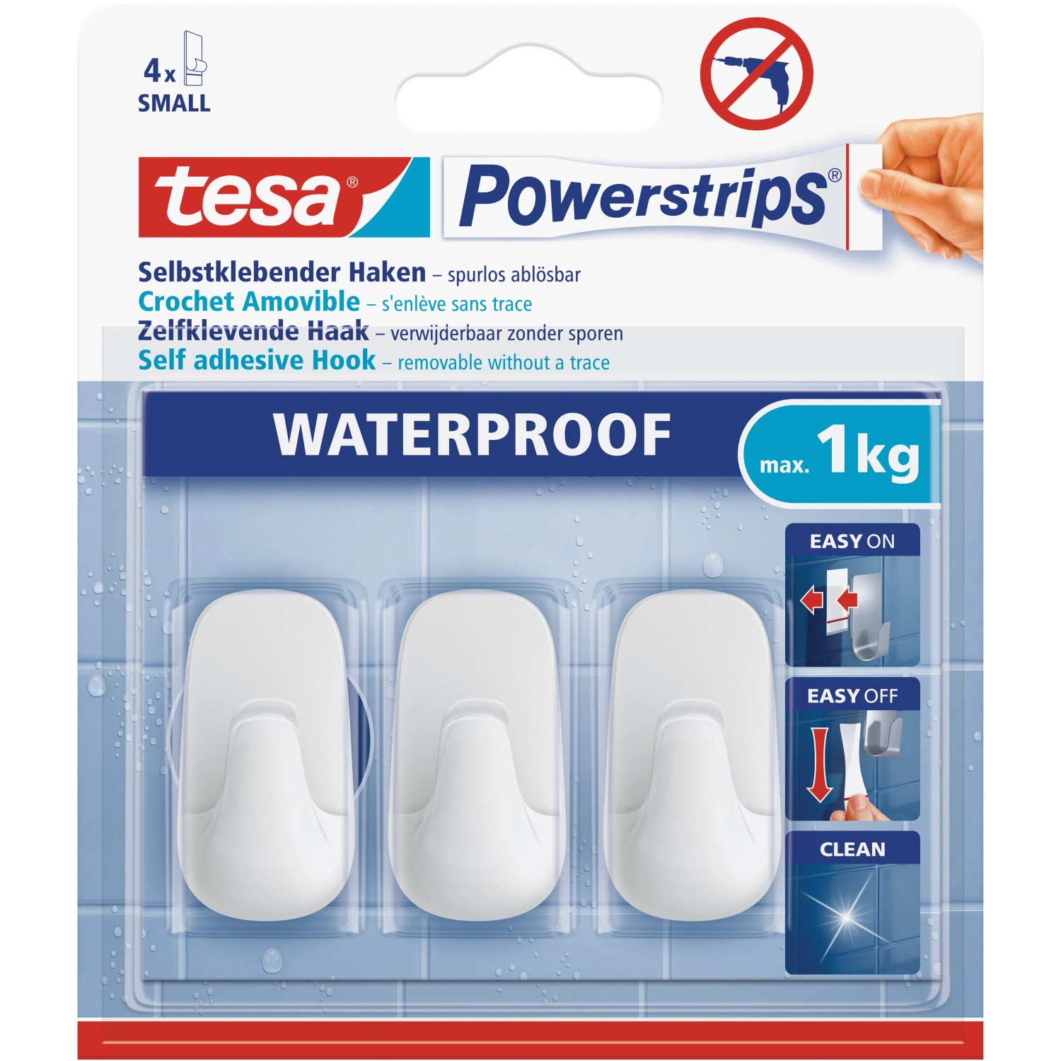 Tesa Klebehaken Waterproof, 3er-Set. Selbstklebend, wasserfest, für Bad & Küche.