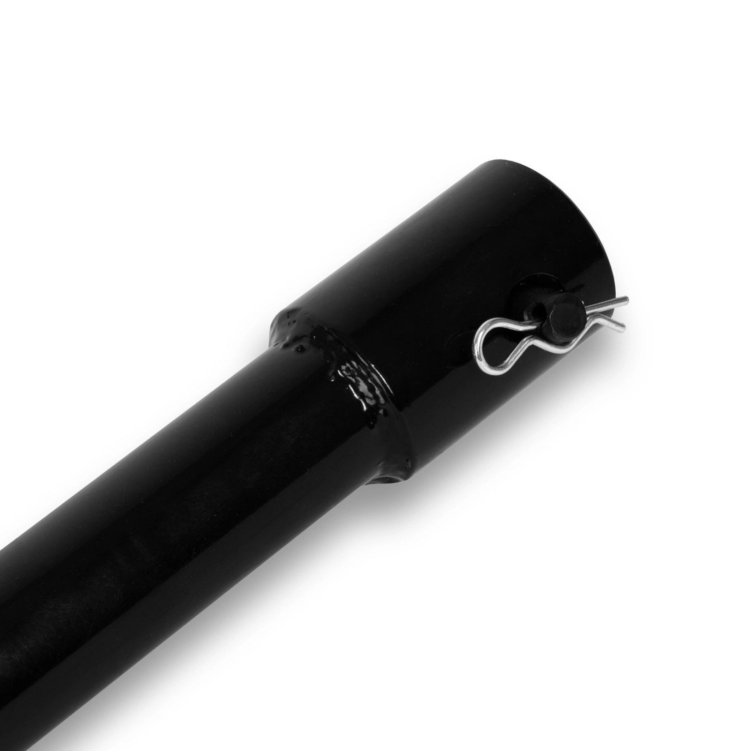 Detailaufnahme: Schwarzer EBERTH Erdbohrer (80mm) mit Sicherungsbolzen. Baumaschine für Gartenarbeiten.