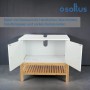 Weißer osoltus Osaka Waschbeckenunterschrank aus MDF und Bambus mit offenen Türen, zeigt Stauraum und Siphonausschnitt.