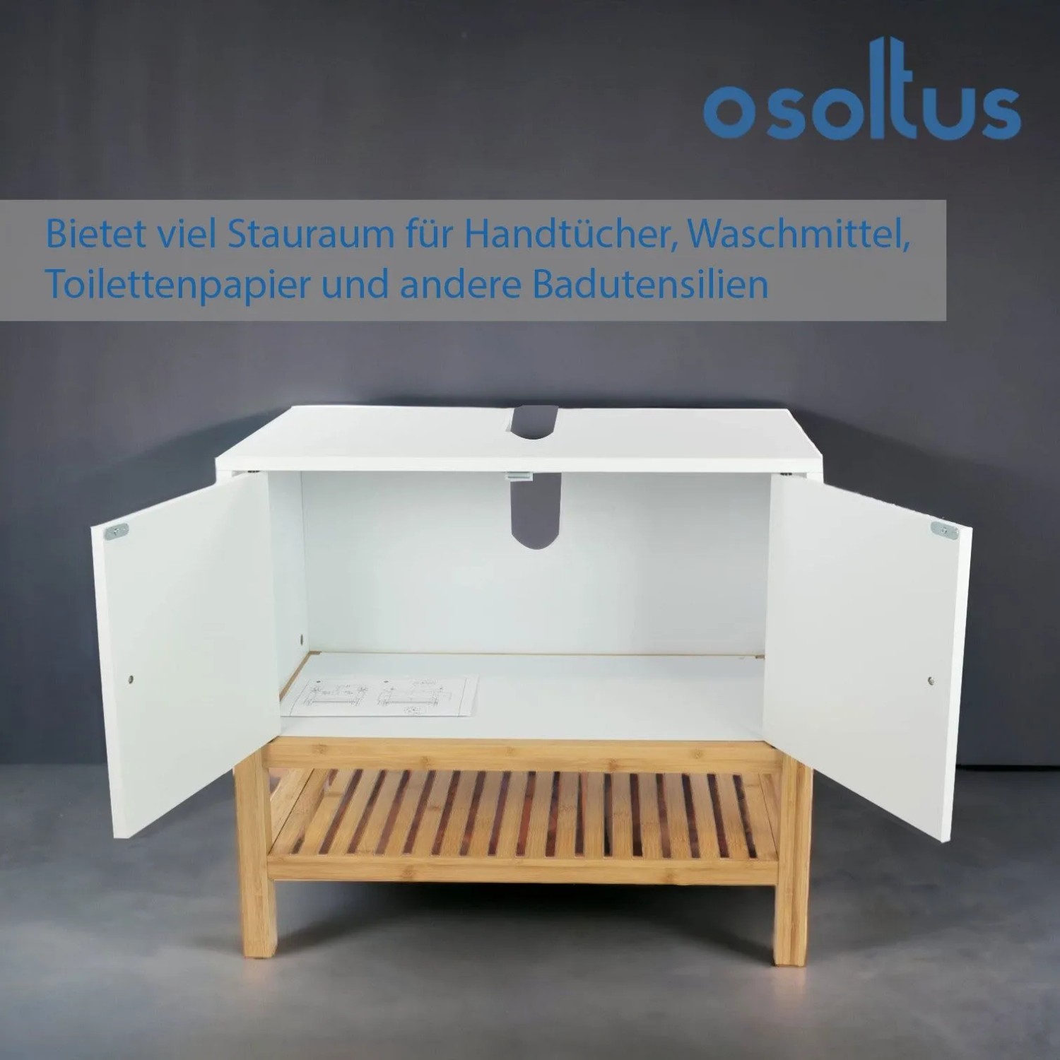 Weißer osoltus Osaka Waschbeckenunterschrank aus MDF und Bambus mit offenen Türen, zeigt Stauraum und Siphonausschnitt.
