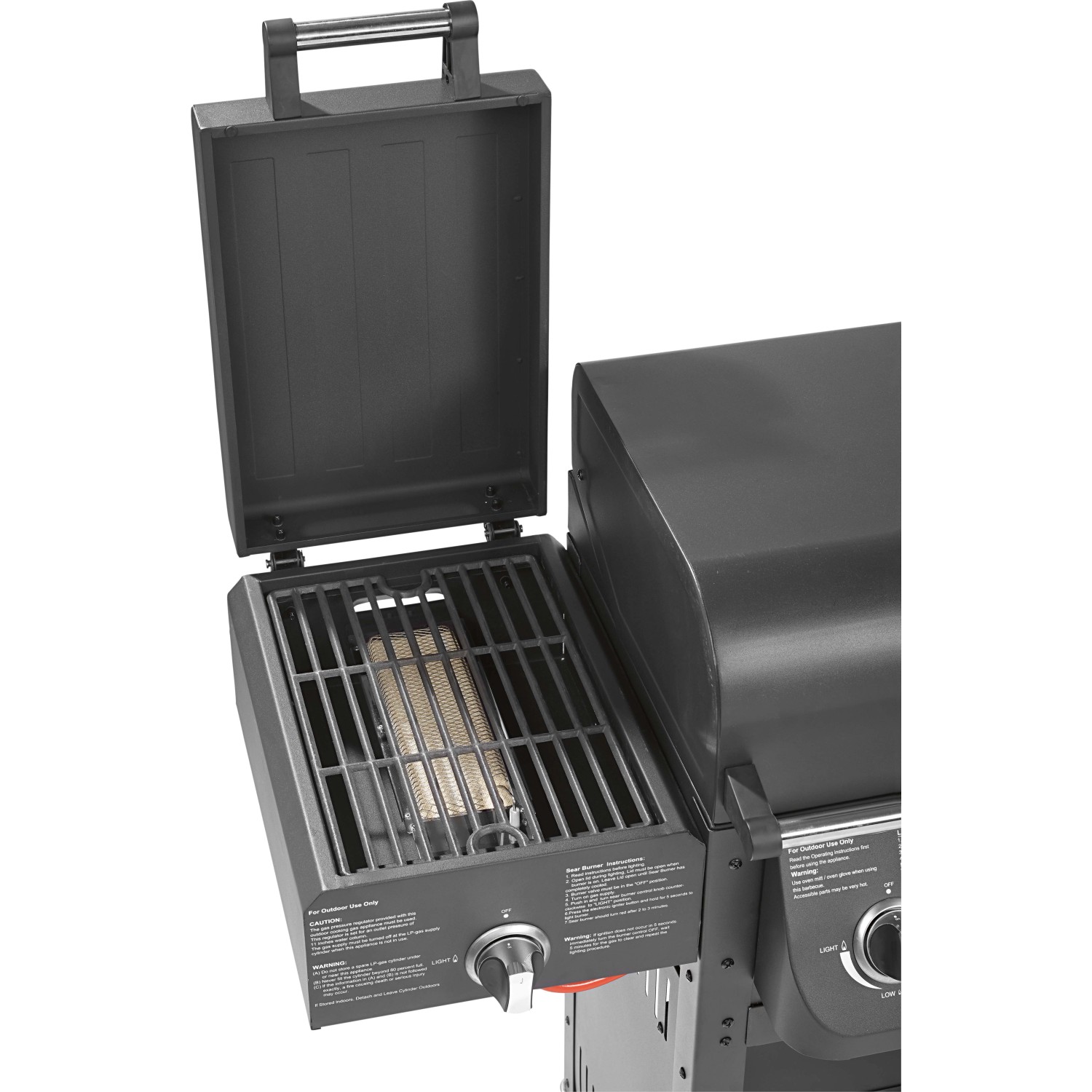 Detailaufnahme Jamestown Kombigrill Drake mit geöffnetem Seitenbrenner. Holzkohlegrill mit Gasgrill und Smoker.