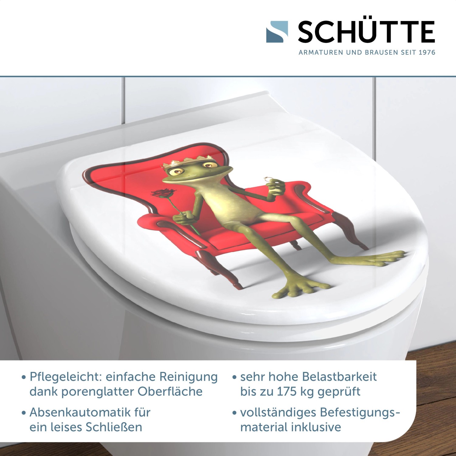 Schütte WC-Sitz Frog King mit Absenkautomatik auf WC-Becken, Frosch mit Krone auf rotem Sessel.
