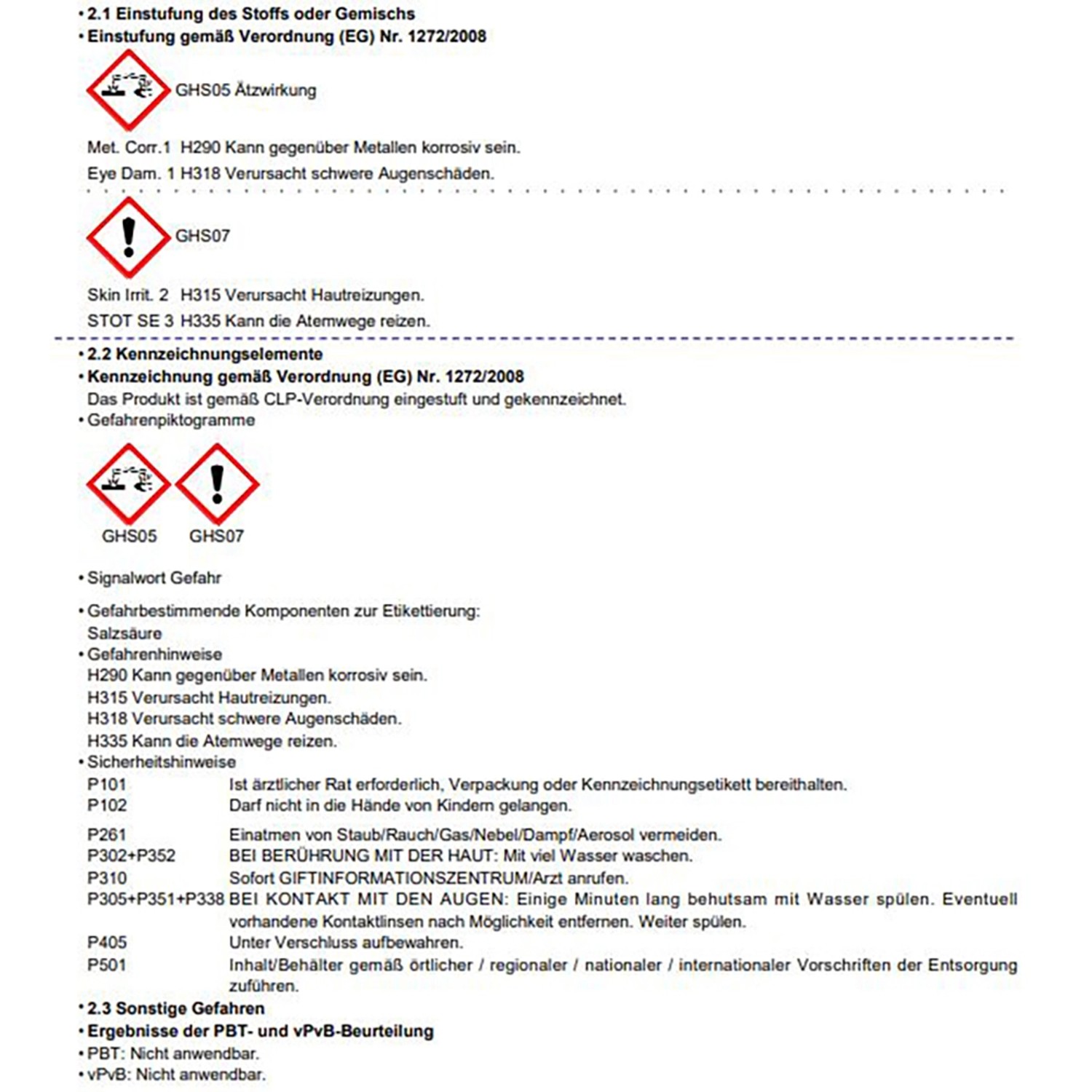 Gefahrstoffkennzeichnung: Ätzwirkung, Hautreizung, Augenschäden, Atemwegsreizung, Sicherheitshinweise.