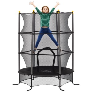 Schwarzes HOMCOM Kinder Trampolin mit Sicherheitsnetz, Kind springt mit erhobenen Armen.