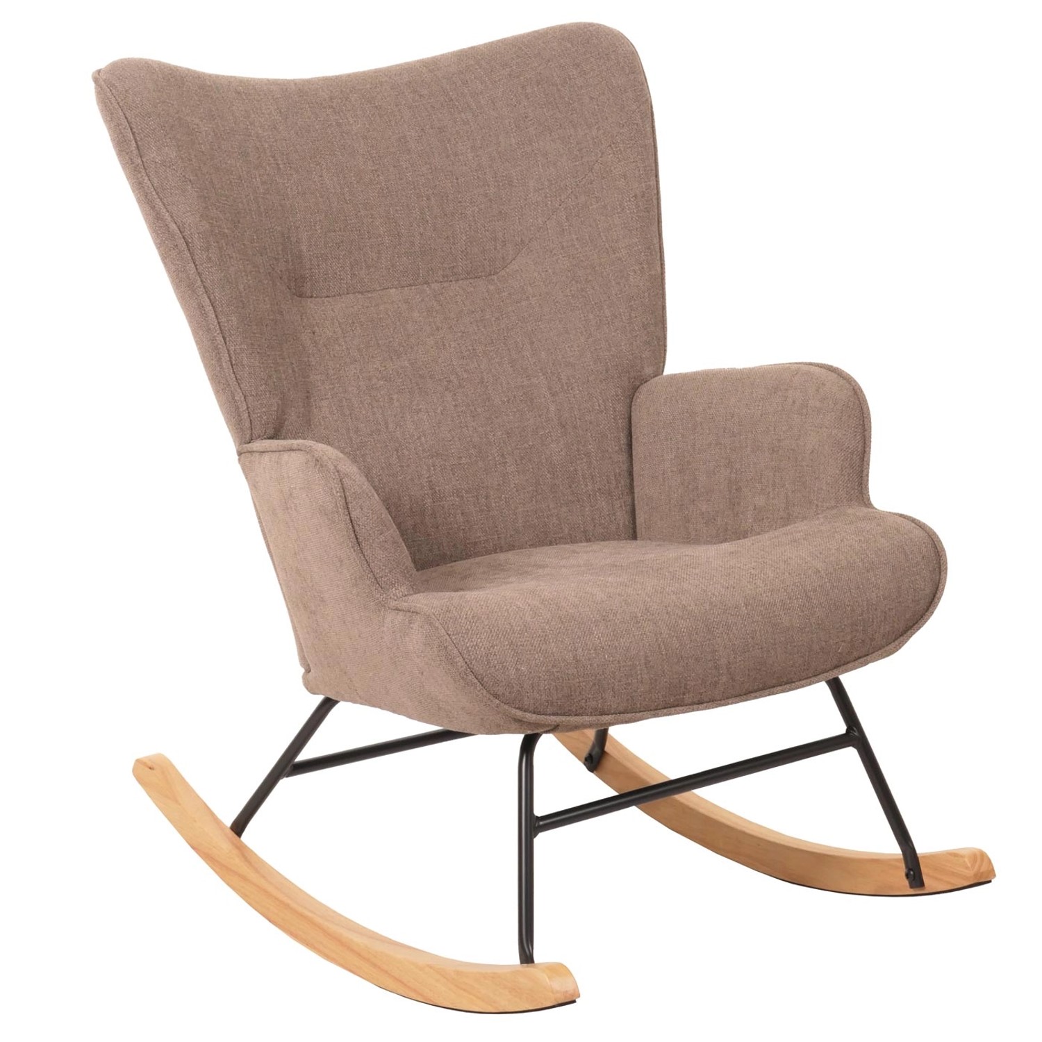 Brauner MCW Schaukelstuhl N14 mit Armlehnen, Stoffbezug und Holzgestell für entspannte Stunden.