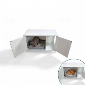 Weißer Katzenschrank aus MDF mit offener Tür, Katze im Katzenklo. Inset: Katze schläft im Schrank. Ideal für Katzentoilette.