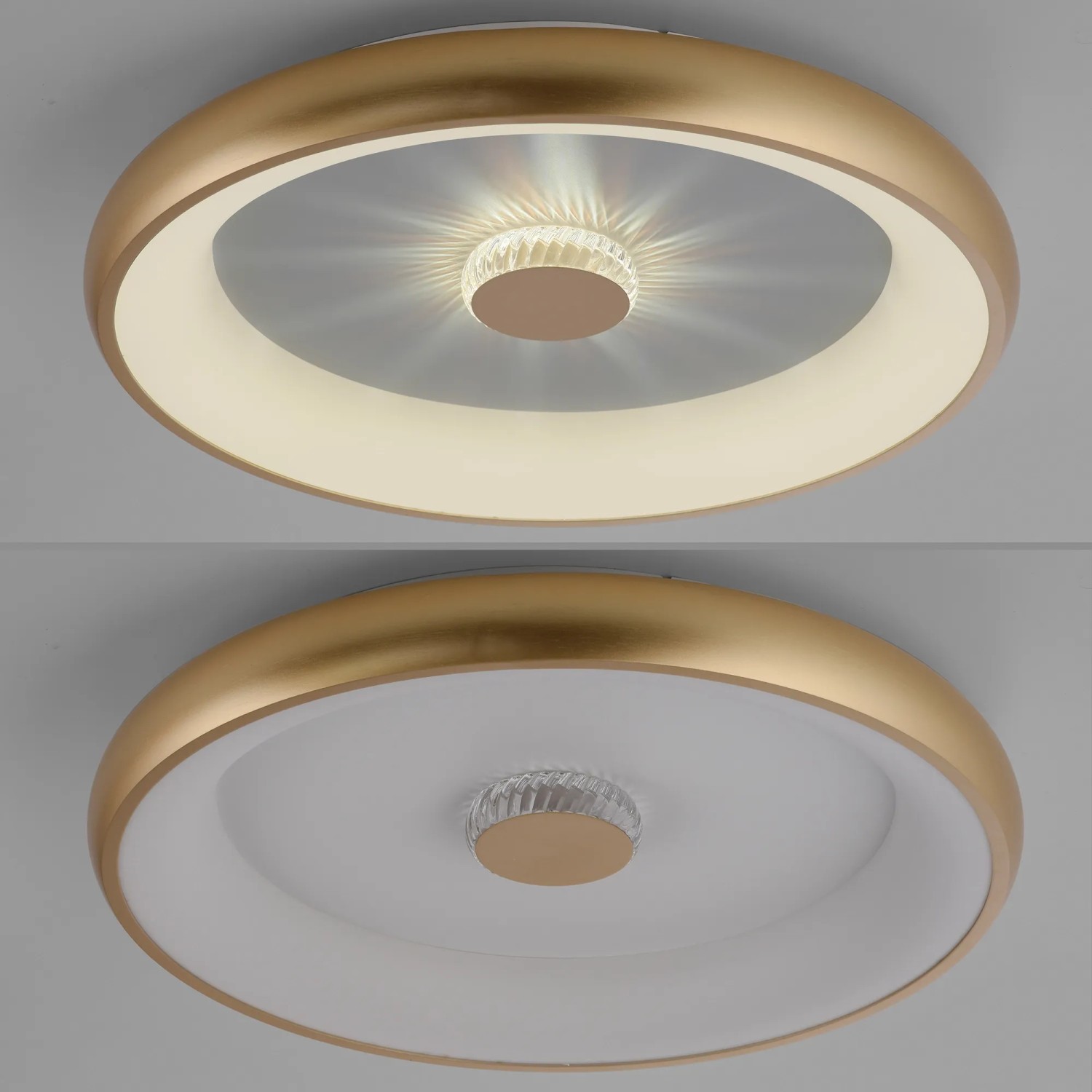 Moderne LED-Deckenleuchte Vertigo in Messing matt, Ø 61,5 cm, mit Kristall-Effekt und einstellbarer Lichtfarbe.