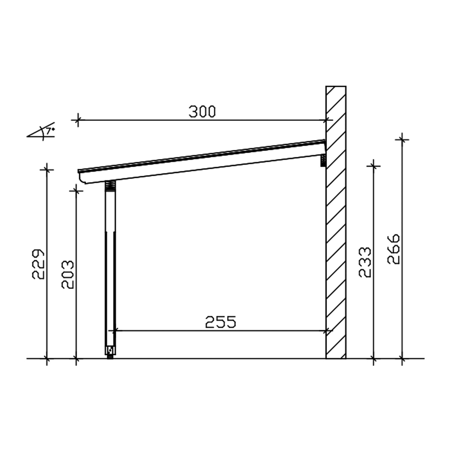 Technische Zeichnung der Skan Holz Terrassenüberdachung Rimini 434x300 cm mit Maßangaben.