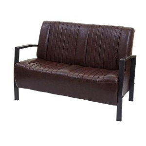Braunes 2er Sofa im Vintage-Look mit Ziernähten und Stahlgestell.