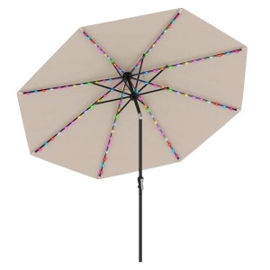 Beiger Sonnenschirm 300 cm mit bunten LED-Solarleuchten an den Streben, von unten sichtbar. Perfekt für Garten.