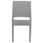 Grauer Gartenstuhl (47x60x89 cm) im Rattan-Look, stapelbar und pflegeleicht.