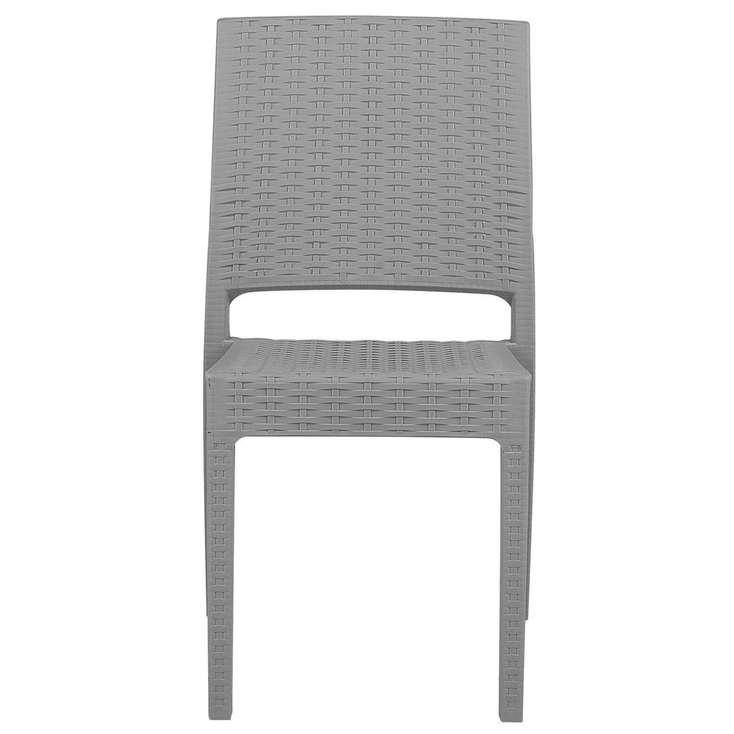 Grauer Gartenstuhl (47x60x89 cm) im Rattan-Look, stapelbar und pflegeleicht.