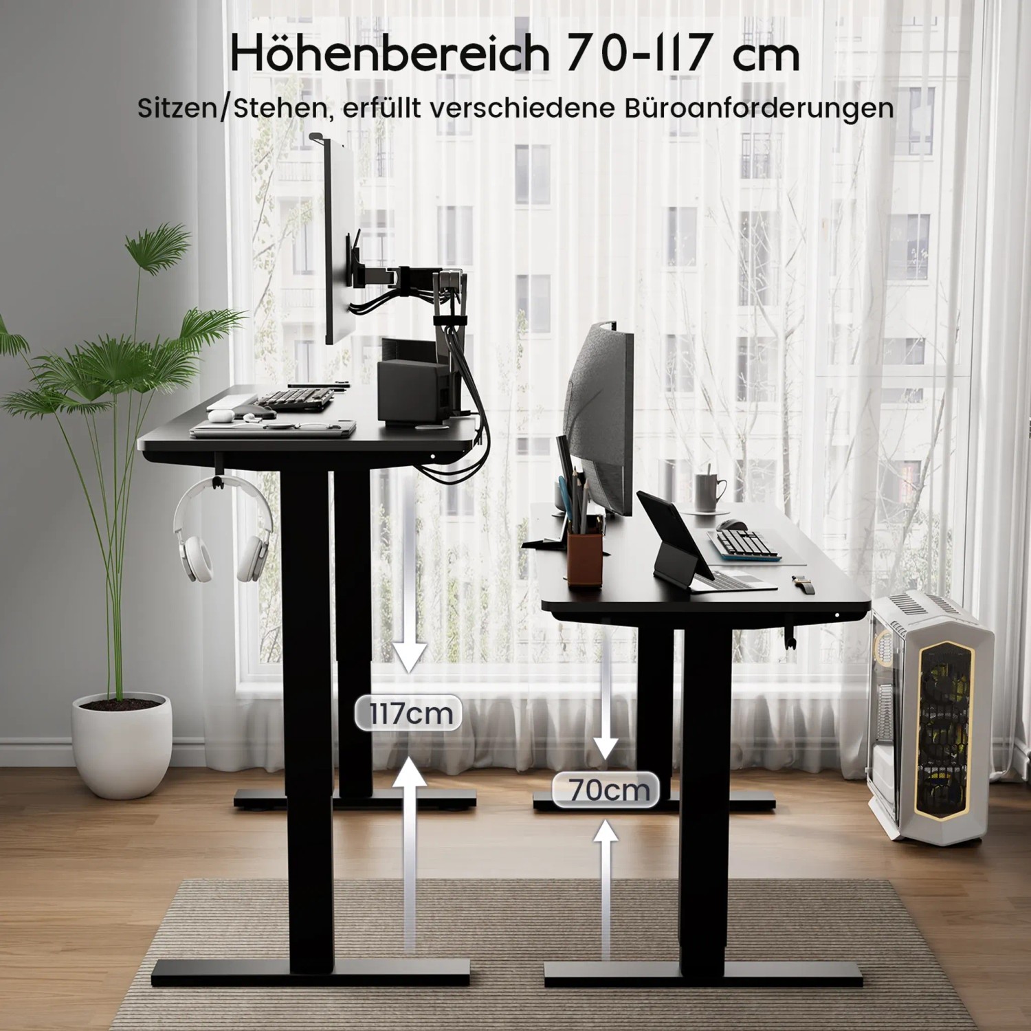 HOMAVO Elektrisch Höhenverstellbarer Schreibtisch 140x60cm mit Memory Funktion Anti Kollisions System Sitzerinnerung Schwarz_3