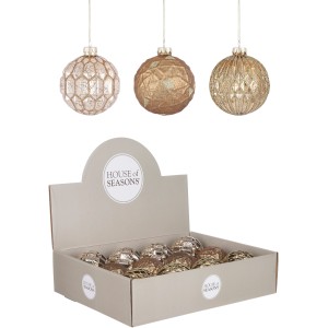 Weihnachtskugeln aus Glas in Gold, Kupfer und Silber, Ø 8 cm, verschiedene Designs.