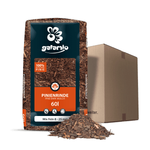 Sack Galamio Pinienrinde Mix Fein, 60l, mit loser Rinde davor.