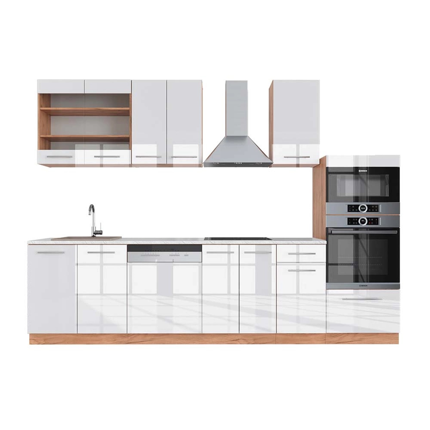 Vicco Fame-Line Küchenzeile Weiß Hochglanz/Goldkraft Eiche 300 cm mit Hochs günstig online kaufen