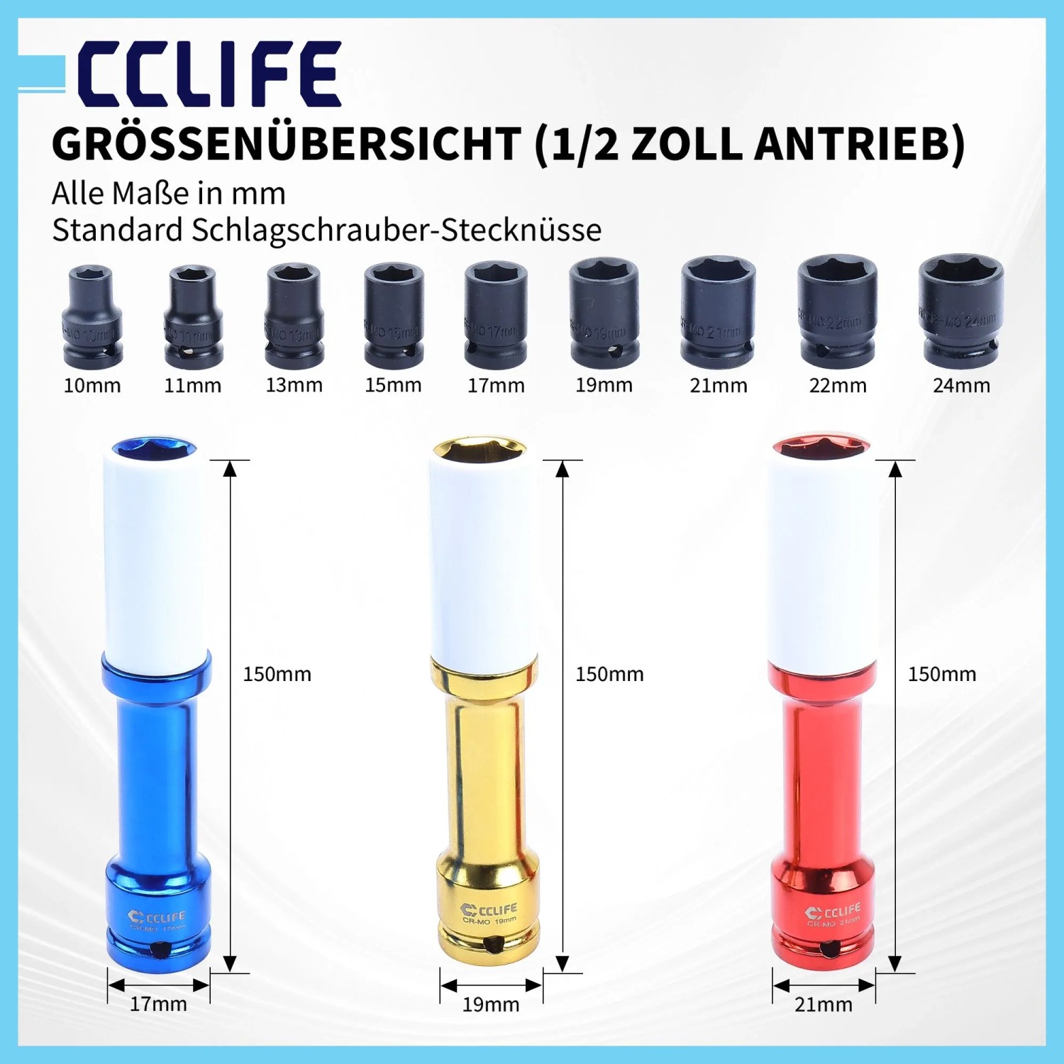 CCLIFE 12-tlg. 1/2 Zoll Schlagschrauber-Stecknuss-Satz: Größenübersicht mit schwarzen Nüssen 10-22mm & farbcodierten Radmuttern-Nüssen 17, 19, 21mm.