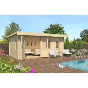 Lasita Gartenhaus Baruda 53 aus Fichte, naturbelassen, mit Terrasse und Pool im Garten.