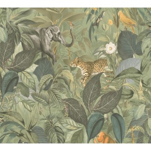 A.S. Création Vliestapete mit Dschungelmotiven in Grün und Grau, mit Tieren wie Elefant und Leopard.