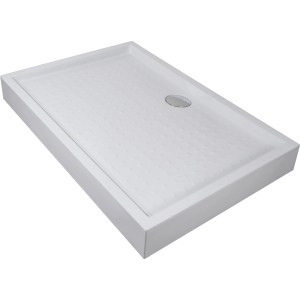 Rechteckige, weiße Sanotechnik Duschwanne, 120x80 cm, aus Acryl mit Ablauf in Chromoptik.