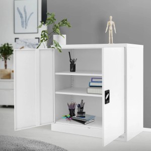 Weißer, abschließbarer ML-Design Aktenschrank (90x40x90 cm) aus Stahl mit 2 Türen und verstellbaren Böden.