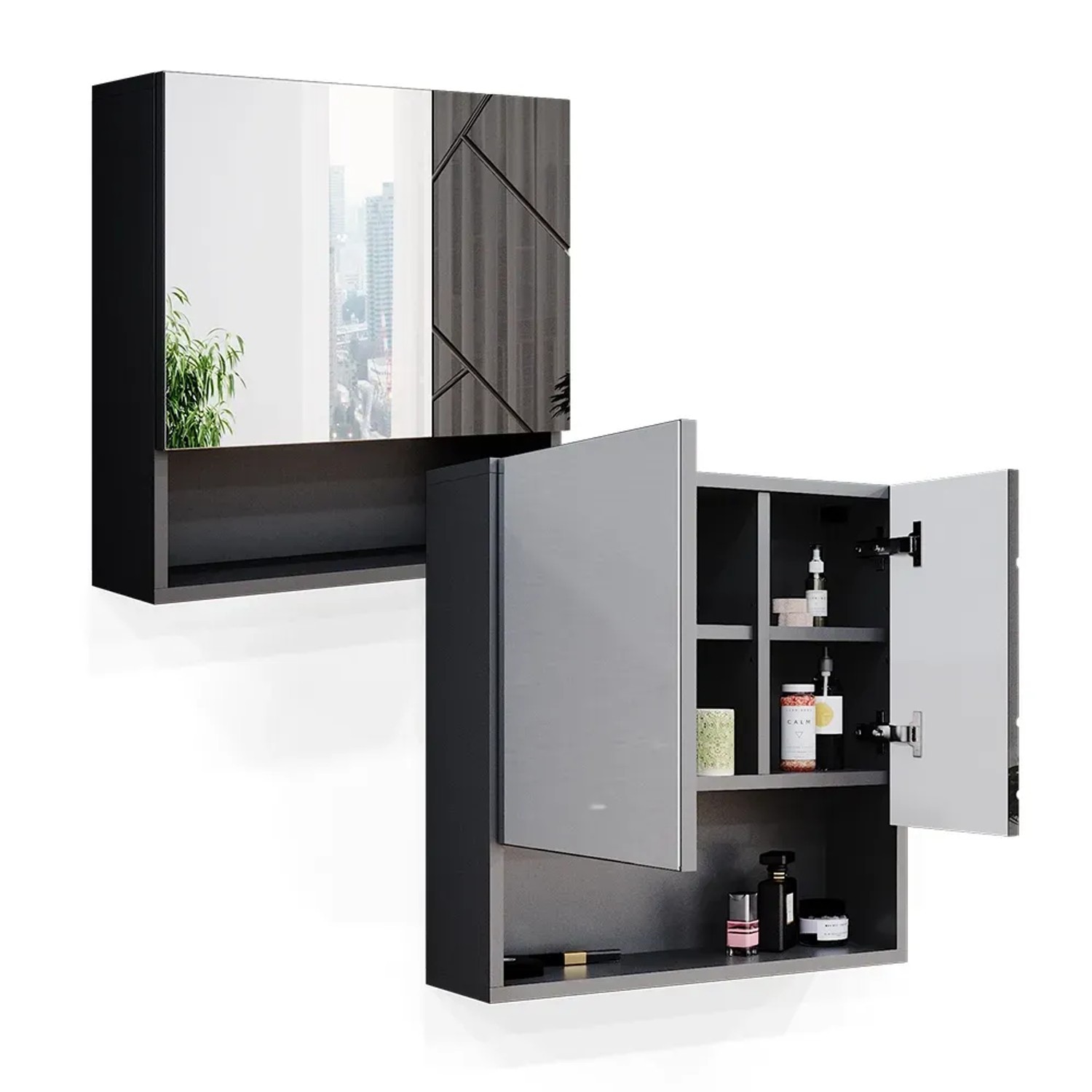 Vicco Badspiegelschrank Irma, anthrazit hochglanz, 54x55 cm, mit offenen und geschlossenen Fächern.