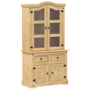 Rustikale Kiefer Vitrine Corona, 100x48,5x179 cm, mit Glastüren und Schubladen für Wohnzimmer oder Esszimmer.