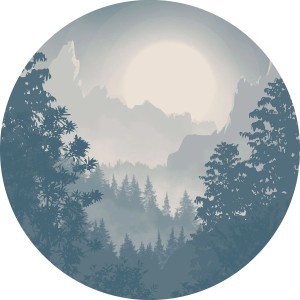 Selbstklebende, runde Tapete Schlucht Graublau, Ø 125 cm, mit Wald- und Bergmotiv.