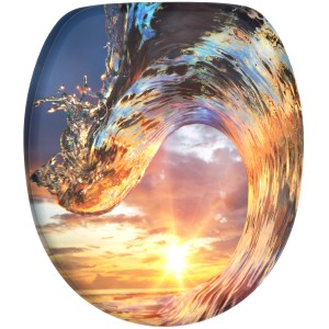 Sanilo WC-Sitz Wave mit Absenkautomatik, Holz, mit Wellen-Motiv.