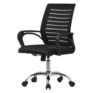 Schwarzer, ergonomischer ML-Design Bürostuhl mit Netzrückenlehne und verstellbarer Höhe.