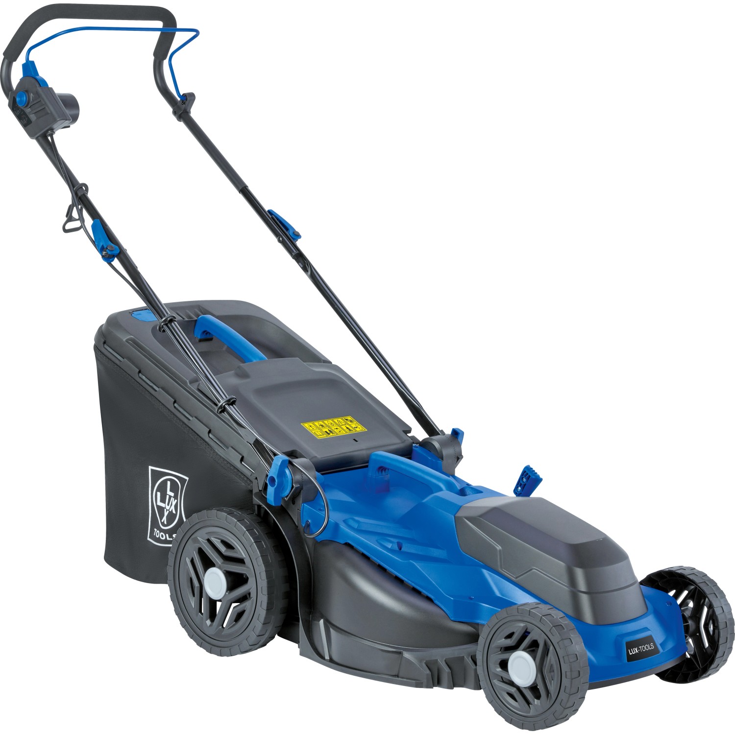 LUX-TOOLS Elektro-Rasenmäher E-RM-1800/43 in Blau/Grau mit Fangkorb.